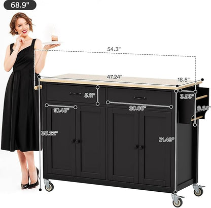 Rovibek Large Wood Island Table with Storage, 54 in Width, Portable Moveable Kitchen Island on Wheels, Black with Drawers Cabinet Spice Rack Towel Rack