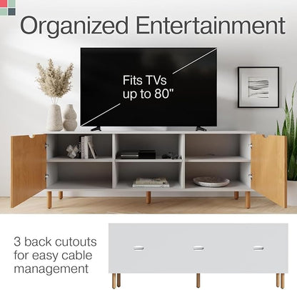 Fluted TV Stand & Entertainment Center - 70-Inch White & Oak - Supports 32-80-Inch TVs - Soft-Close Doors & Adjustable Shelves - Cord Management Media Console