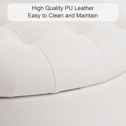 Furniliving Upholstered Button Tufted Round Ottoman, PU Storage Ottoman Round, Removable Lid Convenient Footstools, Classic Ottoman with Storage for Vanity, Nursery Room，IvoryWhite