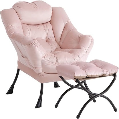 LITA Lazy Chair With Ottoman, Modern Accent Leisure Upholstered Sofa, Contemporary Lounge Reading With Armrests and Side Pocket for Living Room, Bedroom & Small Space, Pink