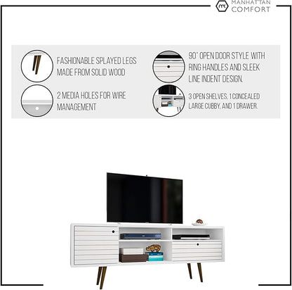 Manhattan Comfort Liberty Mid Century Modern TV Stand for Televisions up to 65 Inches, Bedroom and Living Room Entertainment Center with Storage, Shelves, and Cabinet, 71" Wide, White