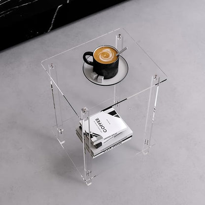 Eglaf Acrylic Small Side Table with Square Leg - 13.4'' L x 11.5'' W x 19.6'' H - Small Nightstand Bedside Table 2-Tier Clear End Table for Living Room, Bedroom