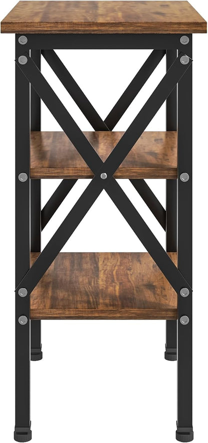 VECELO End Table, Bedside Table, 24" Tall Living Room End Tables, X-Design Reinforced Nightstands, Side Table with 3-Tier Storage Shelves for Small Spaces, Office, Bathroom, Bedroom, Rustic Brown