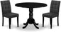 East West Furniture DLAS3-BLK-12 3 Piece Dining Table Set contain A Wood Table and 2 Dark Gray Polyester Fabric Dinner Chairs with Stylish Back- Black Finish