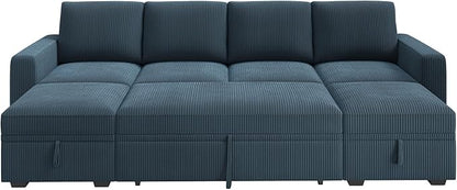 HONBAY Modular Sectional Sleeper Sofa Bed, Corduroy Pull Out Couch with Storage Ottoman, U Shaped Sectional Couches for Living Room, Blue