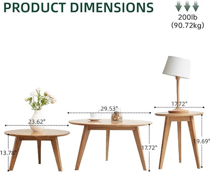 100% Solid Oak Wood Coffee Table Set, Round Coffee Table Combo Side Table w/Solid Wood Legs, Mid Century Table Sturdy Tables for Bedroom Balcony Living Room (Natural, 3 Pieces)