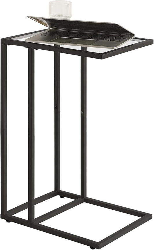 YMYNY C-Shaped End Table, Tempered Glass Sofa Side Table, nightstand for Small Place,Coffee Table for Hallway Office Bedroom Living Room, Metal Frame, Black, 24.8 * 15.75 * 11.8" UHGD001B