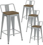 Silver Bar Stools Set of 4, Metal Bar Stools with Wooden Seat, Modern 26”Counter Height Barstools with Low Back