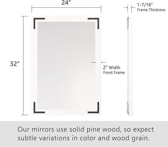 VocalStar White Wood Framed Mirror 24 x 32 Inch, Rustic Natural White Wooden Rectangle Bathroom Vanity Wall Mirror for Farmhouse Boho Decor, 1/4-inch Shatterproof Glass | Waterproof