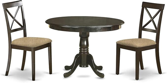 East West Furniture HLBO3-CAP-C 3 Piece Dining Table Set for Small Spaces Contains a Round Dining Room Table with Pedestal and 2 Linen Fabric Upholstered Chairs, 42x42 Inch, Cappuccino