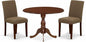 East West Furniture DMAB3-MAH-18 3 Piece Dining Room Table Set Contains a Round Dining Table with Dropleaf and 2 Coffee Linen Fabric Upholstered Parson Chairs, 42x42 Inch, Mahogany