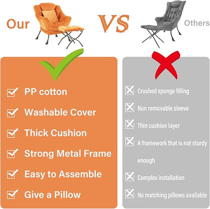Large Lazy Chair with Ottoman, Accent Reading Chair with a Throw Pillow, Cozy Lounge Chair with Armrest, Leisure Sofa Chair for Living Room, Bedroom, Dorm Room, Velvet Tangerine