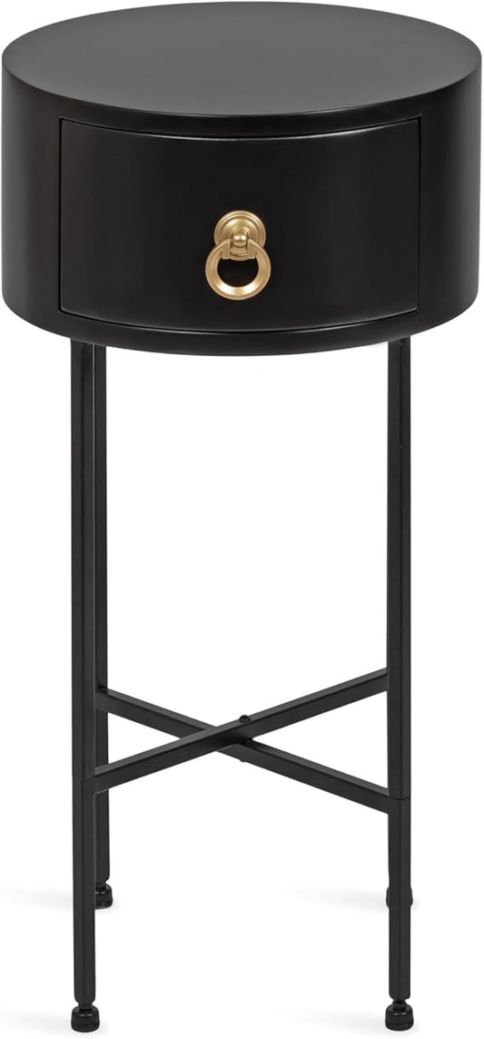 Kate and Laurel Decklyn Decorative Glam Round Side Table, 14 x 14 x 24, Black and Gold, Modern Circle Living Room Table with Pull Drawer for Useful Storage
