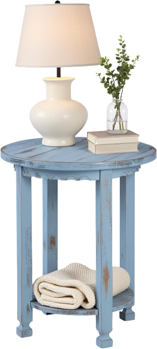 Rustic Cottage Round End Table w/ 1 Shelf - 25 in. W x 20 in. D x 24 in. H - Distressed Blue - Assembly Required - Select Hardwoods with Wood - Living Room Furniture - Solid Wood