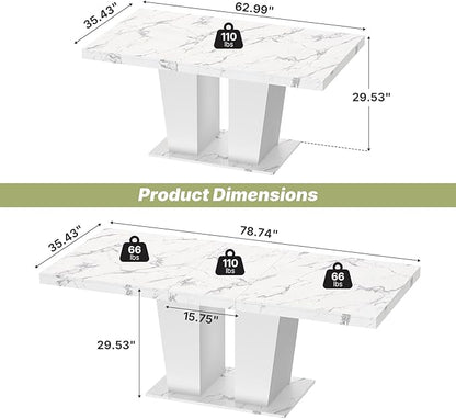 63"-78.7" Expandable Dining Table, 6-10 Farmhouse Kitchen Table, Extendable Console Table, Wooden Farmhouse Kitchen Table with Metal Track & Dual Column Base for Dining Room, Office-White