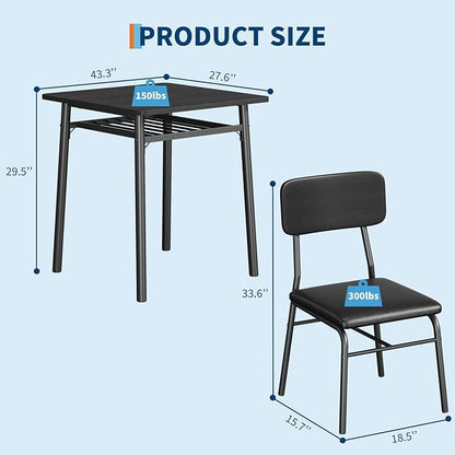 IDEALHOUSE 3-Piece Dining Table Set for 2 with Storage Rack, Wood Kitchen Table with Upholstered Chairs Set of 2, Small Square Table Set with Metal Legs Support, for Dining Room, Living Room