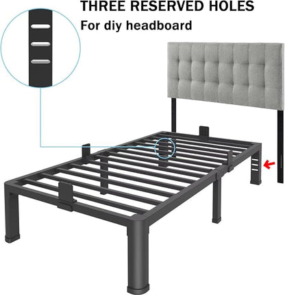FUIOBYVV 14 Inch Twin Bed Frame with Rounded Corner and Headboard Hole Mattress Retainers 3500 LBS Metal Heavy Duty Steel Slats Support No Box Spring Needed Platform Noise Free Easy Assembly
