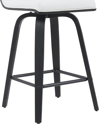 Vienna Modern Counter Height Swivel Bar Stool with Snow White Faux Leather Seat and Black Brushed Wood Frame Set of 2