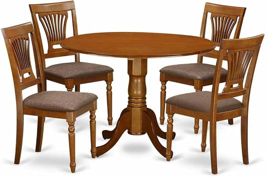 East West Furniture DLPL5-SBR-C 5 Piece Dining Set Includes a Round Dining Room Table with Dropleaf and 4 Linen Fabric Upholstered Chairs, 42x42 Inch, Saddle Brown