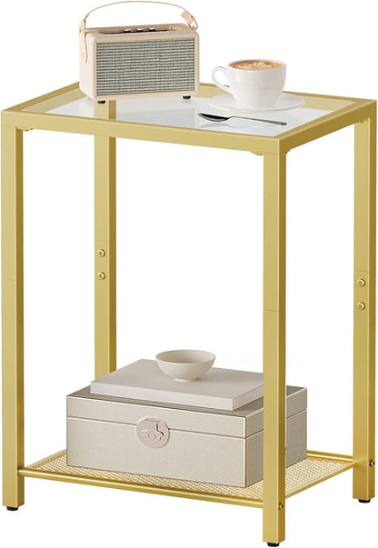 HOOBRO Set of 2 Side Tables, 2-Tier End Table, Nightstands for Tight Spaces, Tempered Glass Bedside Tables, Modern Metal Frame, for Office, Bedroom, Living Room, Study, Gold GD76BZP201