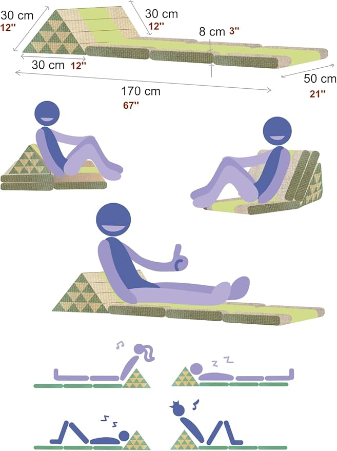 Leewadee - Comfortable Japanese Floor Mattress Used As Thai Floor Bed with Triangle Cushion, Futon Mattress Or Thai Massage Mat, 67 x 21 inches, Green Red