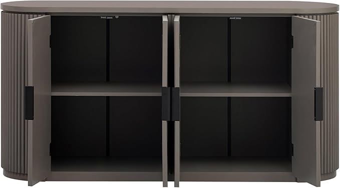 Merax 63" Large Sideboard, Vertical Striped Storage Cabinet with 4 Door, Metal Handles, Adjustable Shelf, Suitable for Study, Entryway and Living Room, Brown