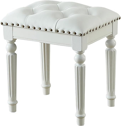 Vanity Bench Stool with Microfiber Leather Cushion, Vanity Chair Ottoman Dressing Stool with Solid Wood Legs for Bedroom, Makeup Room, Dressing Room (White)
