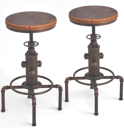 Topower Antique Vintage Industrial Barstool Solid Wood Water Pipe Fire Hydrant Design Cafe Coffee Industrial Bar Stool Set of 2 Red Bronze