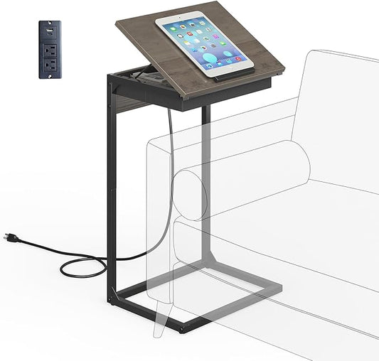 C Shaped End Tables with Charging Station, 45° Tiltable Adjustable Flip Top Side Table with Storage,Small C Table for Small Spaces,Slide Under Couch Sofa Bedside Tables for Living Room, Grey