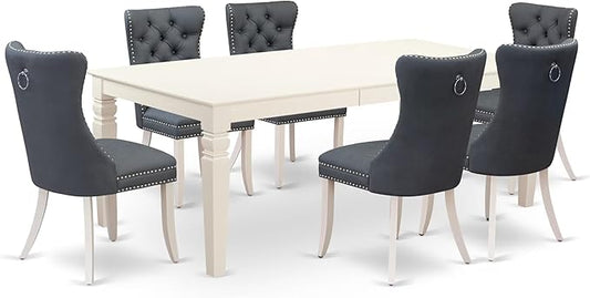 East West Furniture LGDA7-LWH-13 7 Piece Kitchen Set Consists of a Rectangle Dining Table with Butterfly Leaf and 6 Polyester Fabric Padded Chairs, linen white