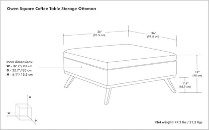 SIMPLIHOME Owen 36 inch Wide Mid Century Modern Square Coffee Table Storage Ottoman in Ebony Tweed Look Fabric, Assembled, for the Living Room, Entryway and Family Room