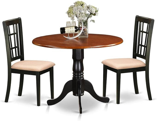 East West Furniture DLNI3-BCH-C 3 Piece Kitchen Table Set for Small Spaces Contains a Round Dining Table with Dropleaf and 2 Linen Fabric Dining Room Chairs, 42x42 Inch, Black & Cherry