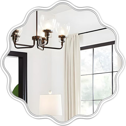 PROHOMEWARE White Round Mirror 24 Inch Wavy Bathroom Vanity Mirror White Frame Modern Wall Mirror Decorative Wall-Mounte Anti-Rust, Tempered Glass