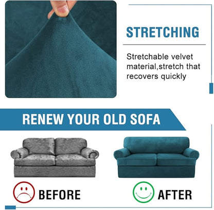 H.VERSAILTEX Sofa Cover 3 Piece T Cushion Loveseat Slipcovers Thick Velvet Couch Cover Furniture Protector Stretch T Cushion Sofa Covers for 2 Cushion Couch with 2 T Cushion Covers Washable, Deep Teal
