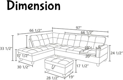 Modern Living Room Furniture Sets with Pillows, Modular Sectional Couches with Chaise Lounge, 4-Seaters L Shape Sofa with Storage Ottoman, for Living Room, Faux Leather, Brown