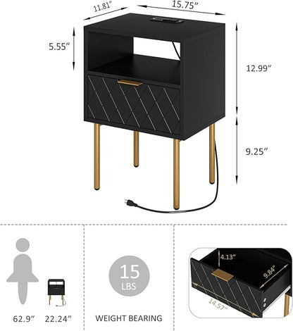 Nightstand,Small Bedside Table with Gold Frame,Morden Night Stand with 2 Drawer,End Table,Side Table with Drawer and Shelf for Bedroom,Living Room (Black-Diamond-Outlet)
