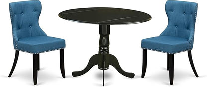 East West Furniture DLSI3-BLK-21 3 Piece Dining Table Set for Small Spaces Contains a Round Dining Room Table with Dropleaf and 2 Blue Linen Fabric Parsons Chairs, 42x42 Inch, Black
