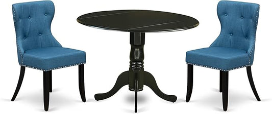 East West Furniture DLSI3-BLK-21 3 Piece Dining Table Set for Small Spaces Contains a Round Dining Room Table with Dropleaf and 2 Blue Linen Fabric Parsons Chairs, 42x42 Inch, Black