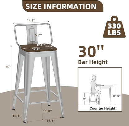 30 Inch Swivel Bar Stools Set of 4, Counter Height Bar Stools with Low Back, Metal Industrial Bar Chairs for Kitchen Island (Silver)