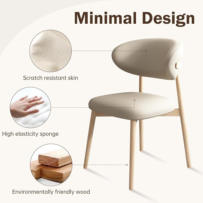 Upholstered Dining Chairs Set of 2,Mid Century Modern Kitchen Chairs with Back and Wood Frame,Faux Leather Dinner Chairs (White +Original Wood Legs, Set of 2)