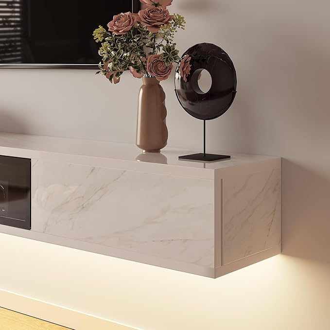 High Gloss Floating TV Stand,78'' Wall Mounted TV Console,Under TV Floating Shelf,Floating TV Cabinet with 3 Doors for Bedroom Living Room,White