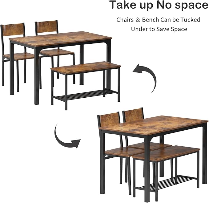 SogesHome 4-Piece Kitchen Table and 2 Chairs for 4 with Bench, Dining Table Set for Small Space, Apartment, Living-Room, Restaurant, Vintage Brown