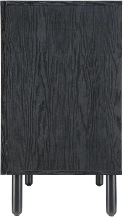 Sango Orre 2-Door Cabinet, Modern Black Storage Cabinet with Synthetic Rattan Door Panels, Adjustable Shelf, Cylindrical Wood Legs, Discreet Finger Pulls, Elegant Furniture for Living or Dining Room