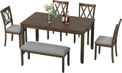 6-Piece Solid Wood Dining Table Set, Dining Table & Chair Set for 6, Including 1 Dining Table, 4 Upholstered Chairs and 1 Bench, Dining Table Set for Dining Room & Kitchen, Walnut