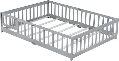 Bellemave Full Floor Bed with Slats and Safety Guardrails, Kids Montessori Floor Beds with Fence and Door, Easy Assemble Floor Bed for Kids, Girls, Boys, Gray