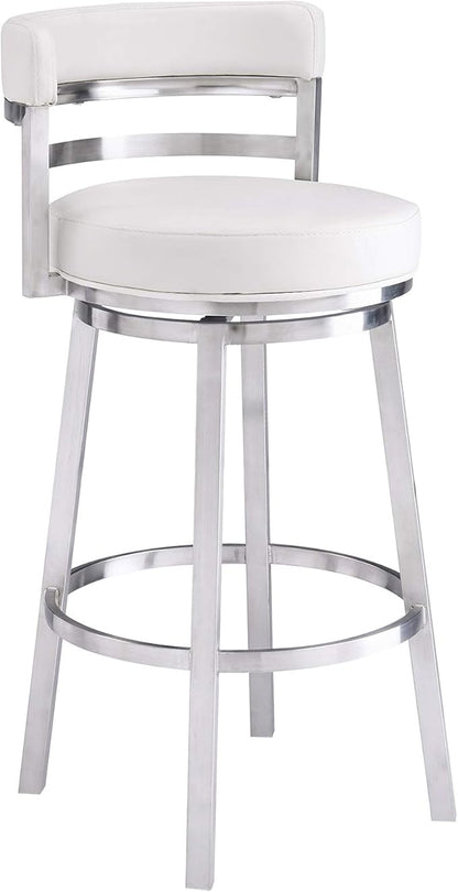 Armen Living Madrid 26" Counter Height Swivel Modern White Faux Leather and Brushed Stainless Steel Bar Stool