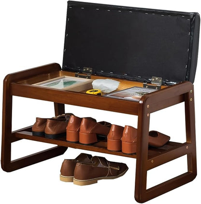 latifolia Solid Wood Bench, Entryway Shoe Bench with Cushion, Flip-Open Storage Compartment, 2-Tier Shoe Organizer(Black,21.65''L)