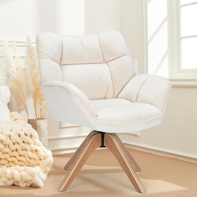 Mid Century Accent Chair, Fabric Desk Chair, Modern Cozy Vanity Chair no Wheelwith Wood Legs, Upholstered Single Boucle Armchair for Living Room Bedroom Office Guest Room Dining Room (Beige)