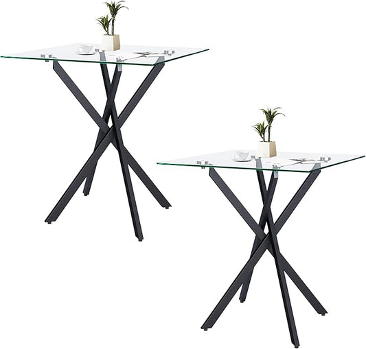 Small Side Coffee Table Set of 2 with Metal Legs, Tempered Glass Square Modern End Table for Living Room Sofa Home Office (2 Pieces, Black, 20"×20"×22")