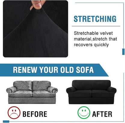 H.VERSAILTEX Sofa Cover 3 Piece T Cushion Sofa Slipcovers Thick Velvet Couch Cover Furniture Protector Stretch T Cushion Sofa Covers for 2 Cushion Couch with 2 Individual T Cushion Covers, Black